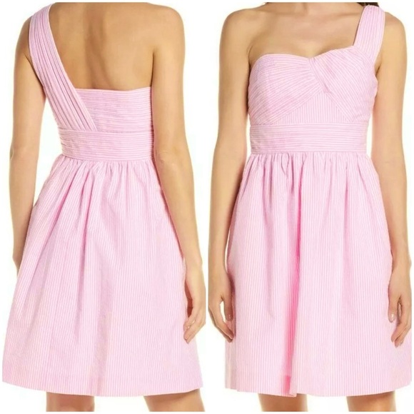 NWT LILLY PULITZER ADDISON ONE SHOULDER SEERSUCKER DRESS PINK TROPICS size 12 - Picture 1 of 12